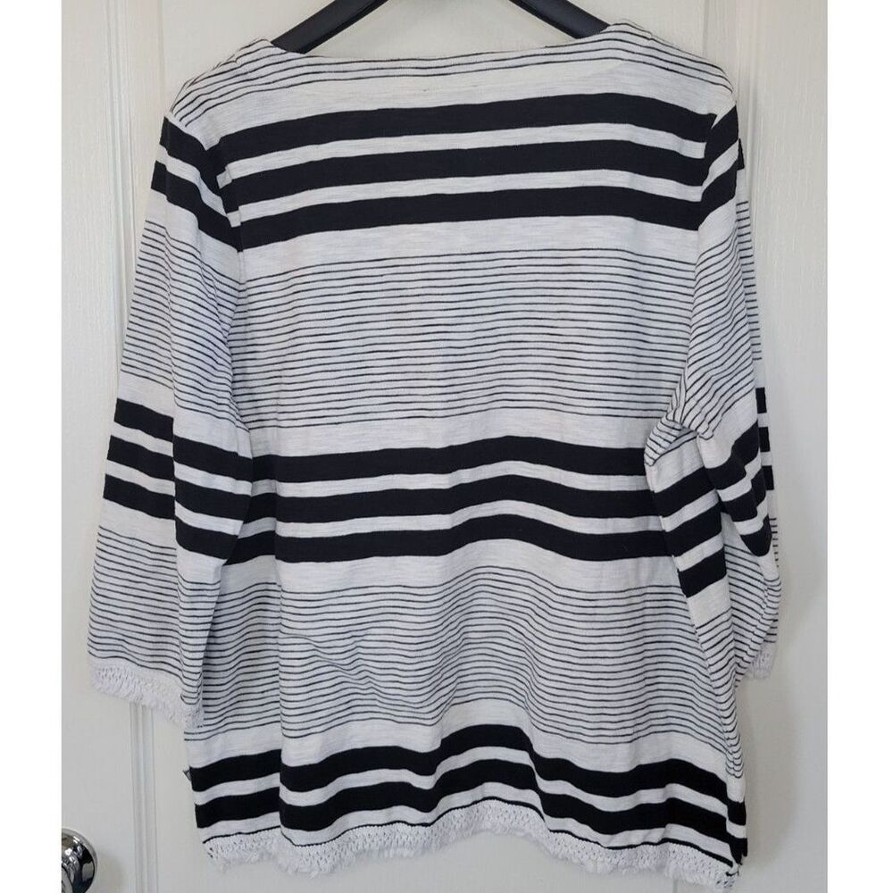 T by TALBOTS White Black Striped Tunic Fringe Hem Top Shirt - Picture 2 of 4